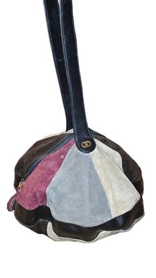 Gucci Runway 1970s Round Patchwork Suede/Leather Purse!: ONE OF A KIND 1970s RUNWAY STYLE!For sale is an amazing & RARE, vintage, Gucci, round, shoulder bag in a patchwork design of burgundy, ivory, plum, & grey suede & black leather with a top