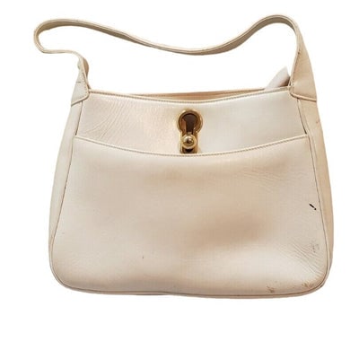 Early G Gucci White & Ivory Leather Padlock Hobo w Gold Clasp: For sale is a large, early, G. Gucci, white & ivory leather, 'Padlock' style, hobo shoulder bag with a bold gold clasp, a wider strap, and front exterior pocket! It is a the classic mod style from