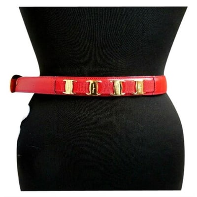Ferragamo Red Leather Belt w Gold Vara Accents: For sale is a RARE, vintage, Salvatore Ferragamo, red leather, 1.5" wide x 34" long belt with a 2.25" x 2" round gold buckle, two strips of gold Vara accents and grosgrain ribbon on both sides, and it