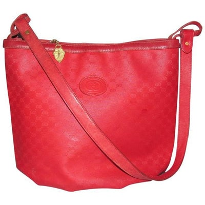 Gucci Vintage Red Small G Logo Coated Canvas And Leather Satchel: * For sale is a vintage, Gucci, red small G logo coated canvas and leather, ex-large size, bucket style satchel or shoulder bag with multiple interior compartments! It is a unique take on a classic bu
