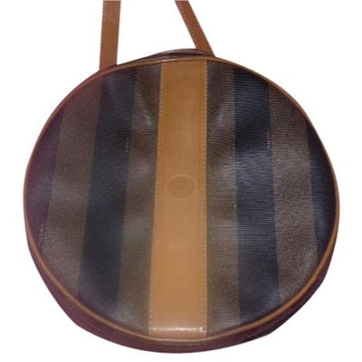 Fendi Box Canvasleather Two Way Hat Boxcross Body Pequin Stripes In Browns Leathercoated Canvas Satc: For sale is a RARE, Fendi, round, train case style two-way cross body or shoulder bag made of camel leather and wide, pequin, striped print coated canvas in browns with gold hardware, a removable stra