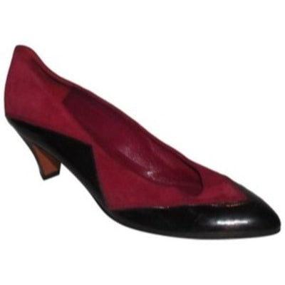 Bally Vintage Black Patent Leather and Red Suede: Stunning! Bally, supple red suede leather, size 7.5N, almond toe, 2" kitten heels with an inlaid black patent leather design that starts at the heel on one side and wraps around the toes! This is a pa