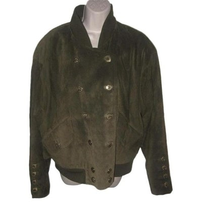 Escada Suede Leather Jacket: For sale is a fabulous, Laurel by Escada, size 42/12/L, olive green suede, double-breasted bomber jacket with brass accent buttons, long sleeves, a zip closure down the front, an orange silky lining,