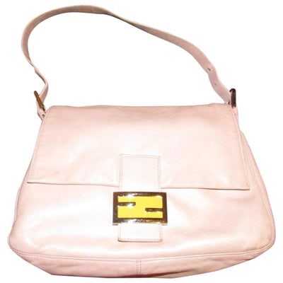 Fendi Mamma Pink Lambskin Baguette w Yellow Enamel FF Clasp: For sale is a Fendi, Mamma style baguette/shoulder purse made of supple pink leather with yellow enamel around the FF chrome logo snap detail, a yellow silky lining, and chrome hardware! This is a cla
