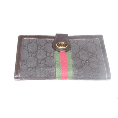 Gucci Black G Printed Green Stripe Collection Wallet: For sale is an early, Gucci, black Guccissima print canvas and black leather, extra-large wallet with a red/green Sherry stripe, card, checkbook, and bill slots, and snap close change pouch! This is a