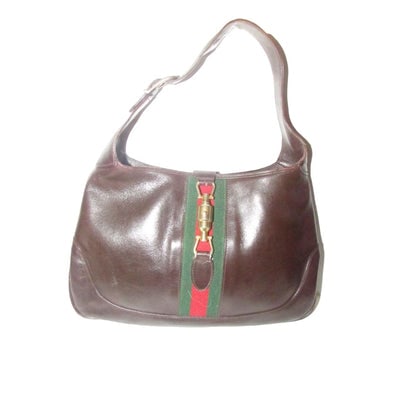 Rare, vintage, Gucci, 1961 Jackie, glossy brown leather hobo style shoulder bag with a red and green: ** Gucci has recently re-released this style & color! ** For sale is a rare, vintage, Gucci, 1961 Jackie, glossy brown leather hobo style shoulder bag with a red and green center stripe & gold