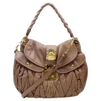 Miu Miu Matelasse Pink Mauve Pleated Leather with Gold 2-Way Cross Body Satchel: For sale is an AMAZING, Miu Miu, 'Matelasse' buttery mauve pink leather two-way satchel style shoulder purse or cross body with a braided leather strap, a removable shoulder strap, two exterior pocket