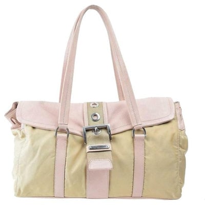 Prada Color Block Shoulder Purses Pink And Beige Suede Canvas And Leather Satchel: For sale is a Prada, pink and beige suede, canvas, and leather, 'East to West' satchel with two straps, a wrap around style buckle closure, and chrome hardware! This is a gorgeous satchel style purse