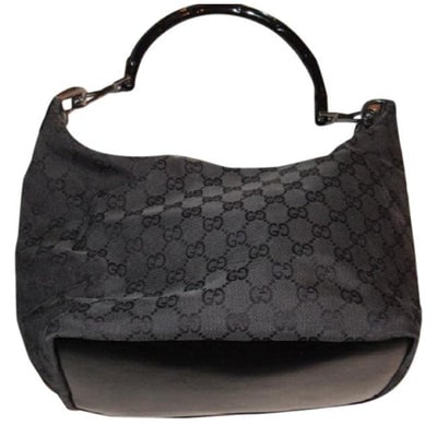 Gucci Vintage Pursesdesigner Purses Black Large G Logo Print Canvas And Black Leather Accents Hobo B: * For sale is a Gucci, black Guccissima print canvas and black leather accents, zip top, purse with chrome accents, black leather bottom, & black bamboo handle! It has the 1960's classic mod style