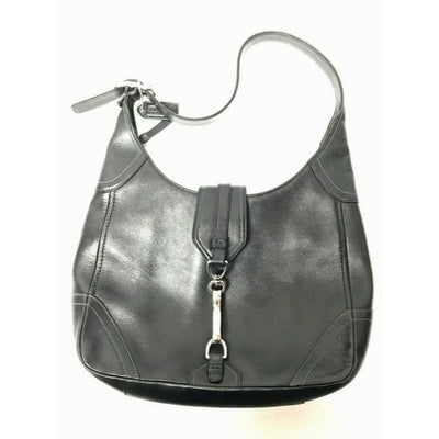 Coach Black Leather Hobo Bag With Chrome Hardware: For sale is a Coach, 'Hampton' style, black buttery soft leather, hobo shoulder style purse with a zip top closure, leather strap that crosses from back to front with a large chrome, equestrian clasp,