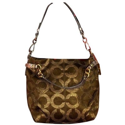 Coach Vintage Pursesdesigner Purses Bronze Sateen Logo Print Fabric And Buttery Soft Silver Leather: For sale is an amazing, Coach Brooke Op-Art Shoulder Tote! Made with pretty sateen fabric in a dark bronze, with a woven metallic 'C' design that is accented with smooth metallic silver leather trim a