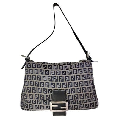 Fendi W Mamma Forever Canvasleather Chrome Ff Navy Zucchino Print On Grey Canvas And Leather Shoulde: For sale is a RARE, Fendi, 'Mamma Forever' style, blue Zucchino print on grey fabric and navy leather, large size, baguette style, shoulder purse with chrome FF clasp, an envelope top, an adjustable s