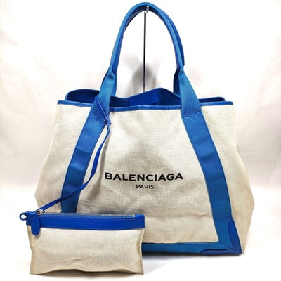 Balenciaga 'Cabas' tote bag in royal blue leather & canvas with an attached wallet: For sale is a Balenciaga, 'Cabas', top handle satchel or tote bag in a limited edition, turquoise /royal blue leather & canvas fabric with an XL Balenciaga Paris logo on one side in black, two har