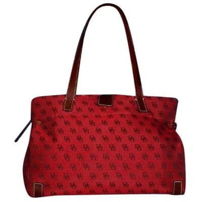 Dooney And Bourke Dark Red And Brown Canvas DB Logo Print Purse: For sale is an amazing, Dooney and Bourke, dark red and brown DB logo print heavy canvas and brown leather, top snap closure, two handle, XL satchel or tote style bag with bold gold hardware. Leather