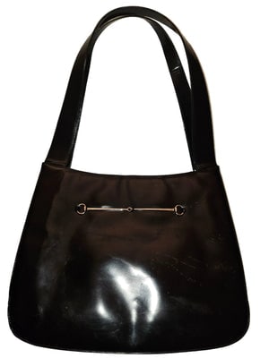 Gucci Tom Ford era black patent & chrome Skinny Horse-bit tote!:  For sale is an early Gucci, unique, black glossy leather, large satchel or tote bag 'skinny horse-bit' style shoulder purse with multiple compartments, a zip top compartment, a snap close exteri