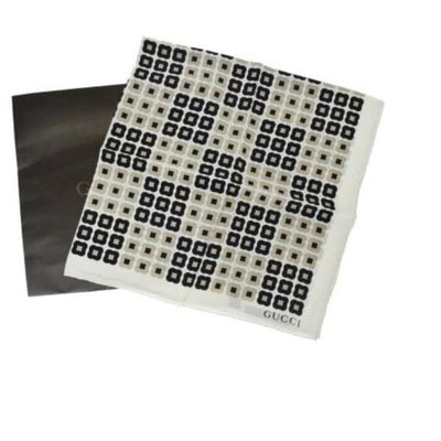 Gucci Tan Black White Print Geometric Silk Scarf: For sale is a NWOT, Gucci, geometric print, 27" square, 100 % silk scarf in taupe and black on a white background with the Gucci logo print at the bottom, the Gucci tags for content and care at the co
