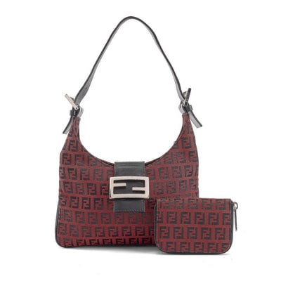 Fendi black Zucchino print on dark red canvas & black leather large baguette w 'V' shaped top: **This is this only 'Mamma Forever' V-top bucket in this rare color combination I have come across- Don't miss out! ** For sale is an amazing, rare, Fendi black Zucchino print on dark red canvas