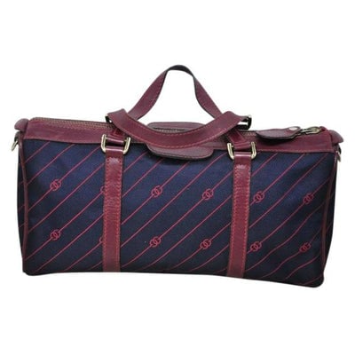 Gucci Boston Xl Anniversary Canvas Leather Two Way Navy W Red Diagonal G Print: For sale is a rare, GUCCI, navy canvas with burgundy/red diagonal 'G' logo print and burgundy/red leather, two way- hand held satchel/ Boston bag or cross body or shoulder bag with a removable/adjusta