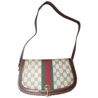 Gucci Horsebit Vintage Line Purses Brown Large G Logo Print Canvas And Brown Leather With A Red And: For sale is a unique, vintage, Gucci, RARE, bohemian/mod, brown large G logo print canvas and brown leather shoulder purse with a red and green Sherry stripe, envelope top, multiple interior compartme