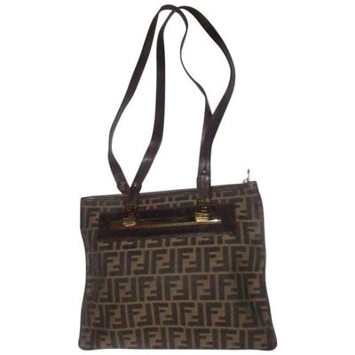 Fendi Zucca Print In Shades Of Brown Canvas And Leather Satchel: For sale is a RARE, Fendi, brown leather and Zucco or large F logo print canvas in shades of brown, shoulder purse with two long leather straps, heavy, gold FF logo hardware, and a top zip closure! Th