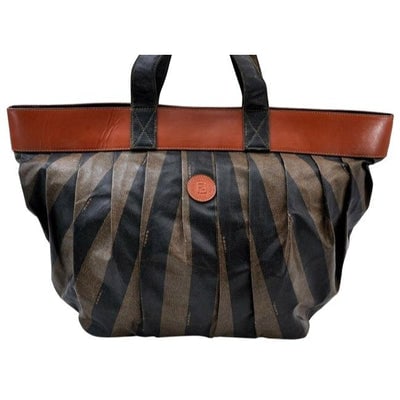 Fendi Xl Canvasleather Pequin Striped Print Coated Canvas And Leather Tote: For sale is an AMAZING, early Fendi, wide pequin striped print coated canvas and burnt orange leather XL tote style, handheld/ shoulder bag with a graduated shape, ruched body, two handles, gold hardw