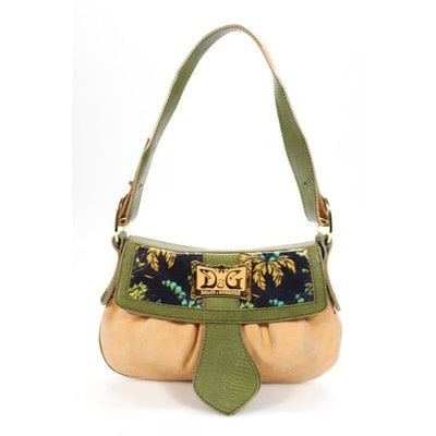 Dolce And Gabbana Pursesdesigner Purses Peach Suede And Olive Green Python Leather With Floral Desig: *For sale is a RARE, Dolce&Gabbana shoulder bag! It is made of peach suede and olive green python leather accents. The shoulder bag has a wide, olive green python leather with bold gold loops that