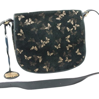 Bottega Veneta Vintage Pursesdesigner Purses Embossed Cream And Dark Green Butterfly Print On Green: For sale is a vintage, Bottega Veneta, bohemian, RARE, embossed cream and dark green butterfly print on green suede with green leather, saddle bag style, envelope top, cross body or shoulder bag with