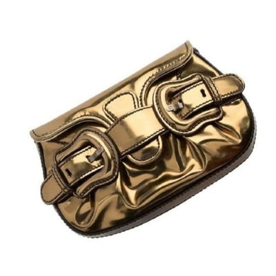 Fendi Clutch B Buckle Clutchshoulder Goldbronze Leather Leatherpatent Shoulder Bag: For sale is a Fendi B Buckle style purse in metallic bronze leather, two-way style, clutch or shoulder bag with two petite, removable, antique gold finish chain accent straps, an envelope top