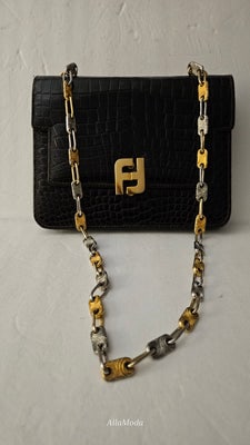 Fendi brown crocodile leather bag w two-tone chain strap & XL FF clasp (1 of 4)