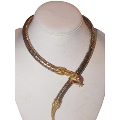 Whiting & Davis vtg silver & gold mesh snake necklace with red stone eyes!: For sale is an Art Deco, Whiting and Davis, dimensional, silver mesh, substantial, lariat or wrap around style, nice and tight, memory wire style, snake necklace with marquis cut red glass eyes, a det