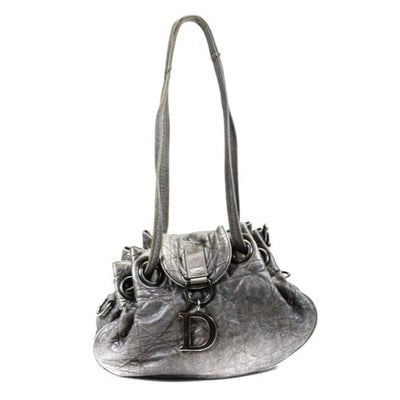 Dior Grey/Silver Quilted Leather Cannage Bucket Satchel: For sale is a Christian Dior, Christian Dior quilted leather cannage satchel style purse with a drawstring top, two, longer, leather shoulder straps, a flap magnetic snap closure, gunmetal hardware,