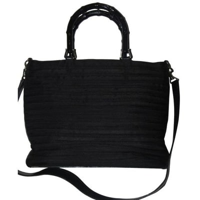 Gucci Two Way Pursesdesigner Purses Black Ribbed Heavy Canvas And Leather With Bamboo Accents Satche: * For sale is a Gucci, mod look, large, black canvas in a beehive design and black leather, two way- cross body, shoulder or handheld purse with removable strap, bamboo handles, and equestrian accents