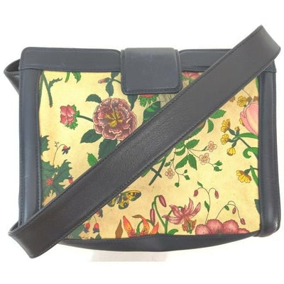 Gucci Garden Souvenir Bag Clutch Two Way Cross Body Shoulder Purse Floral Printnavy Leather Canvas A: For sale is an amazing, Gucci, rare, navy leather and floral print canvas, top handle, two- way style, shoulder bag or clutch with a wider, flat, leather removable shoulder strap, hinged sides, and