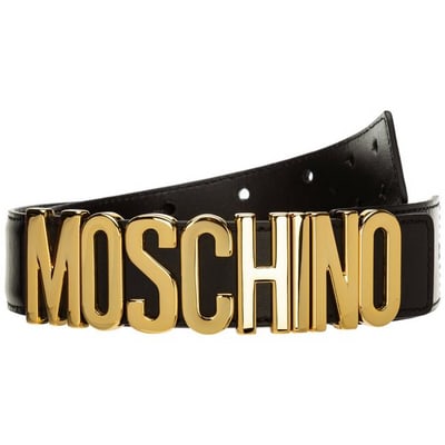 NWT Moschino Black Leather Belt w Gold Letter Buckles: For sale is a NWT, Moschino black leather belt with large, polished gold letters that spell out 'MOSCHINO', can slide to act as a double snap buckle, and a chic modern look! This belt by Moschino is o