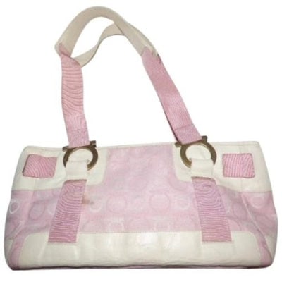 Vintage Ferragamo White Leather & Pink Fabric Gancini Print Satchel: Vintage, Ferragamo, white leather & pink Gancini print fabric, two strap, XL, tote/satchel style purse with bold bronze accents! This unique, gorgeous 'mod' bag is sleek and has a geometric color 