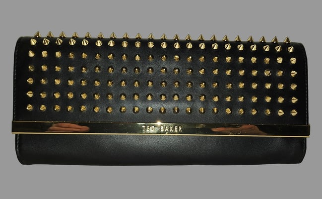 Ted Baker NWT black leather clutch with gold studded spiky hardware: For sale is a Ted Baker NWT black leather clutch with gold studded spiky hardwareDimensions: 11" x 6" x 2"; Item#