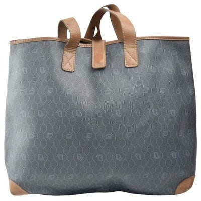 Dior Vintage Xl Brown Honeycomb Print On Greyish Green Coated Canvas And Camel Leather Tote: For sale is a vintage, Christian Dior, mod, RARE, brown 'honeycomb' print on grayish green coated canvas and camel leather, XL `tote or satchel style bag with two handles, a snap top closure, and a cl