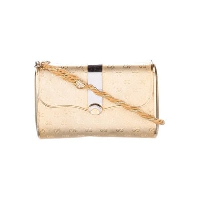 Gucci Clutch Guccissima Two Way Clutchcross Multi Tonal Accents Rose Gold W Logo Print Metal Cross B: *For sale is a fabulous, one of a kind, Gucci boxy, metal evening bag from the 1970's in rose gold with the Guccissima print, a removable, metallic woven strap, a flap closure at the front, and multi-