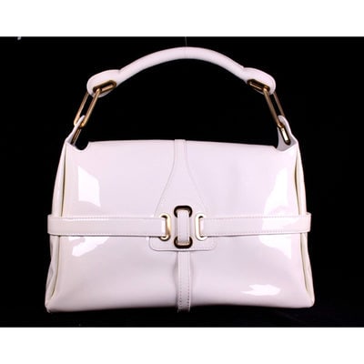 Jimmy Choo pale yellow glossy leather shoulder bag with gold hardware & belted sides: For sale is a Jimmy Choo pale yellow glossy leather shoulder bag with gold hardware & belted sides. Dimensions: 12" x 3.5" x 8"; Strap drop: 8"; Item # ;