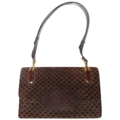 Gucci Vintage Brown Square G Logo Print Suede And Brown Leather Shoulder Bag: For sale is a RARE, early Gucci, brown square G logo print suede and brown leather, rectangular, boxy shoulder purse with gold and brown enamel, envelope top, snap style closure, multiple