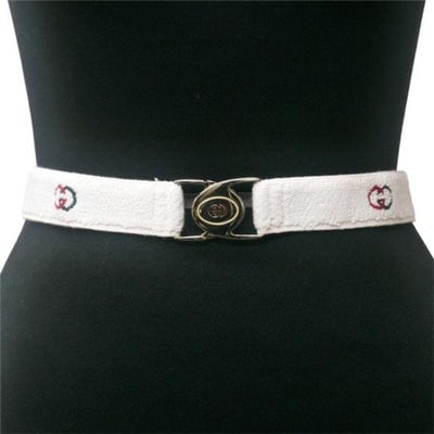 Gucci NOS White Terry Cloth Belt w Red Green Enamel: Vintage Gucci NOS white terry cloth and red, green & white enamel and chrome & part GG logo buckle stretch belt with a red and green GG logo design throughout the white belt, a 2 part,