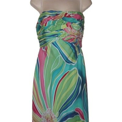 David Meister Multi Colored Print Silk With A Rusched Strapless Top: For sale is a David Meister, floor length, strapless dress with a rusched top and flowing bottom made in a colorful, silk floral print! This dress by David Meister is very on trend and creates a
