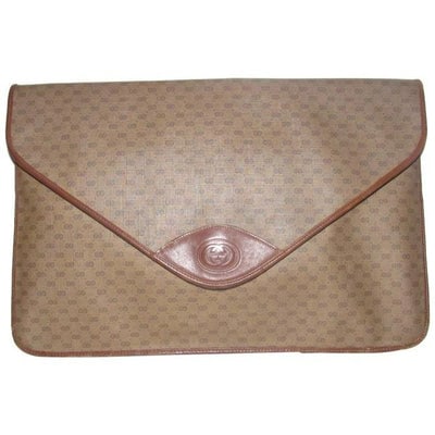 Gucci ,1970's - 1980's, Brown Leather Micro Guccissima Print Coated Canvas & Leather, Vintage XL: For sale is a vintage, Gucci, brown small G logo print coated canvas and brown leather, extra large, envelope top, clutch purse with top snap closure, a back zip pocket, and lots of room! It is a