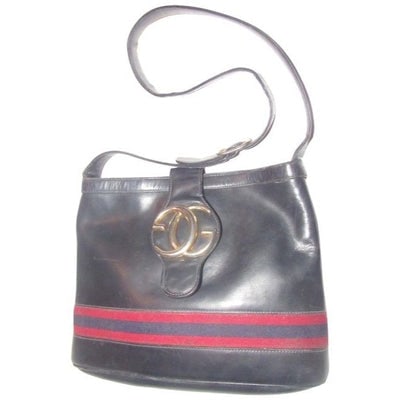RARE, vintage Gucci, black leather, satchel style, bucket bag with blue and red stripe: * For sale is a vintage, RARE, Gucci, delicious, buttery navy blue leather, bucket shaped, satchel style cross body or shoulder bag with an extra large, 'blondie'- like bold gold 'GG' emblem at the