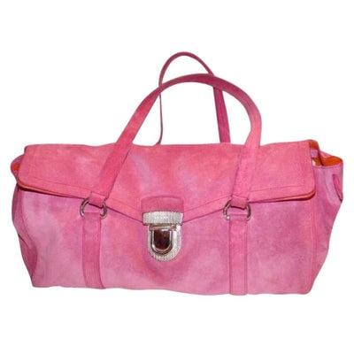 Prada Prada pink suede & orange leather East to West satchel: For sale is a Prada, pink suede and orange leather, two strap, "East to West" satchel with wrap style and push button closure! This is a beautiful satchel style handbag from Prada that will never go