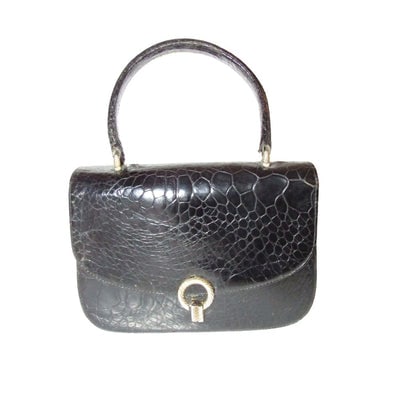 Giorgio GUCCI, Bamboo 1947 style, dark navy crocodile leather, top handle purse with sterling: For sale is a fabulous, vintage, Giorgio GUCCI, Bamboo 1947 style, dark navy crocodile leather, top handle purse with sterling hardware, a boxy, structured shape, & an envelope style top! This