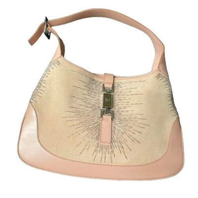 Tom Ford era, Gucci, Ltd Ed, Jackie, canvas & pink leather hobo with an elaborate beaded & stitched: For sale is a Tom Ford era, Gucci, Limited Edition, Jackie, canvas and pink leather hobo style shoulder bag with an elaborate beaded and stitched design, a chrome push button closure, and an adjustabl