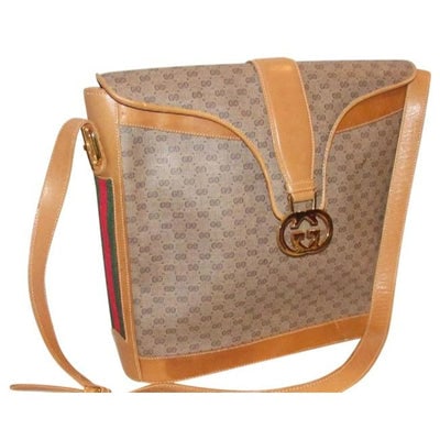 Gucci Brown Micro Guccissima Print Leather Bucket Bag W Red Green Striped Sides: * For sale is an early Gucci, GG Vintage Web, brown small G logo print coated canvas and camel leather, large, envelope snap top, satchel shaped, hobo style shoulder purse with inlaid, red and green