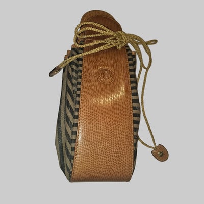 Fendi camel & black regimental striped print and camel hard leather drawstring top, fan-shaped: ONE OF A KIND FENDI BY KARL LAGERFELD!For sale is a vintage, one of a kind, Fendi camel & black regimental striped print and camel hard leather drawstring top, fan-shaped bucket bag! with expandab