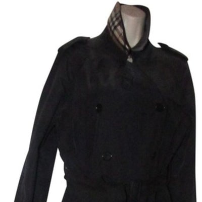Burberry London, Black & Nova Check Plaid, Belted, All Weather Jacket/Coat: For sale is a Burberry London, size 10, black, military look, belted, all weather coat! This stylish, all weather jacket has long, belted sleeves and a 1960's military spy look. It has a pointed tradi